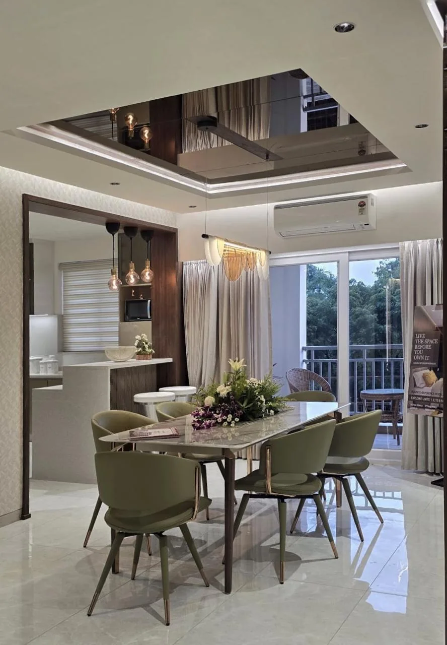 Dining space beneath a double-height void