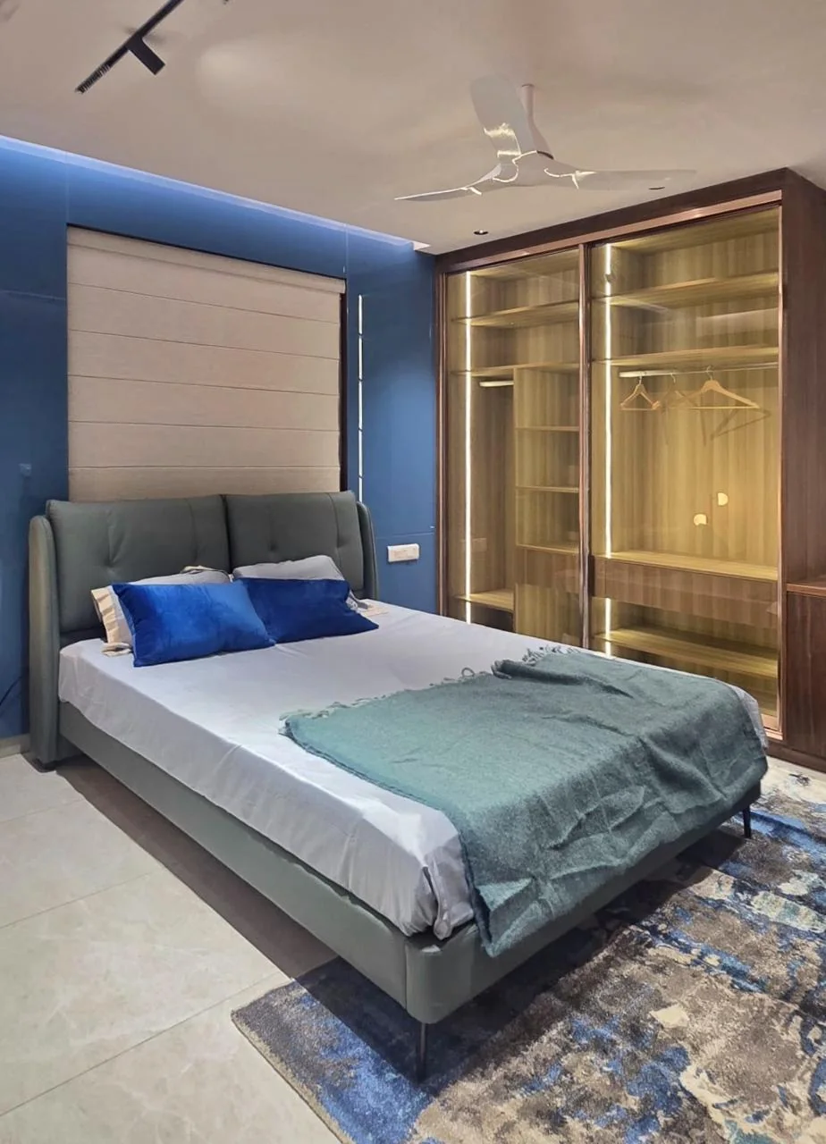 Blue model-home bedroom