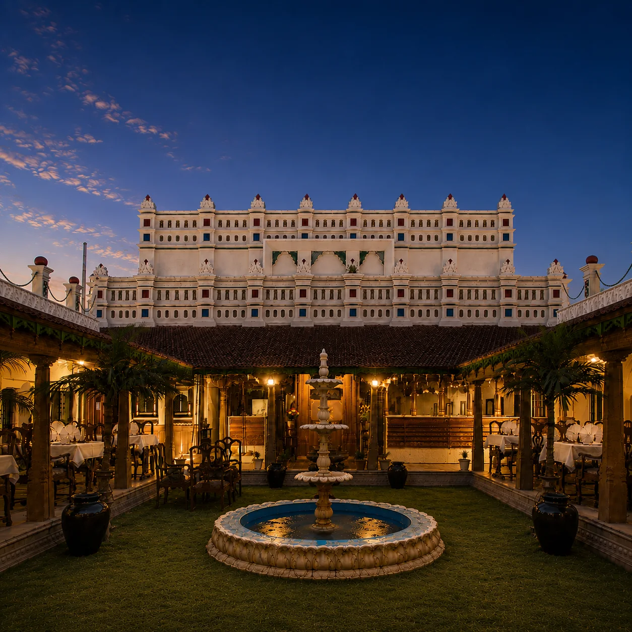 Atithi Inn courtyard and hotel exterior at dusk