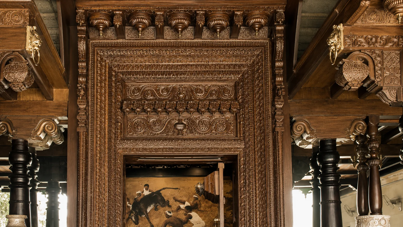 Carved fireplace and column detail