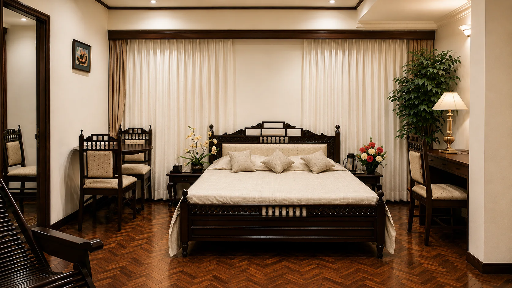 Guest room with carved timber furniture