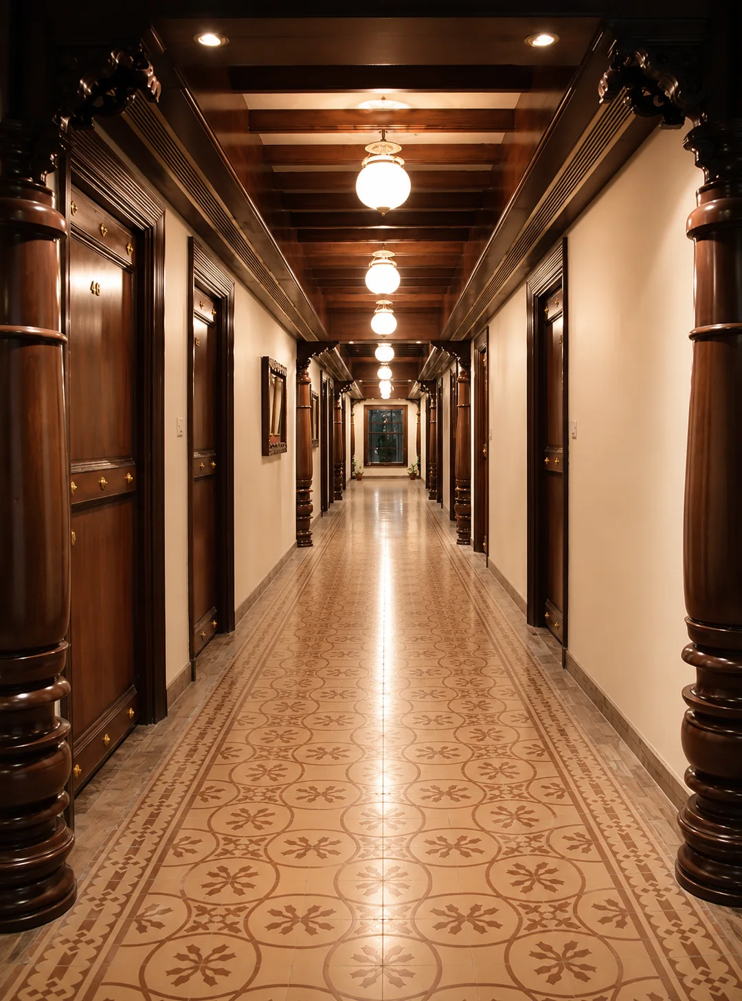 Hotel corridor with timber columns and patterned flooring
