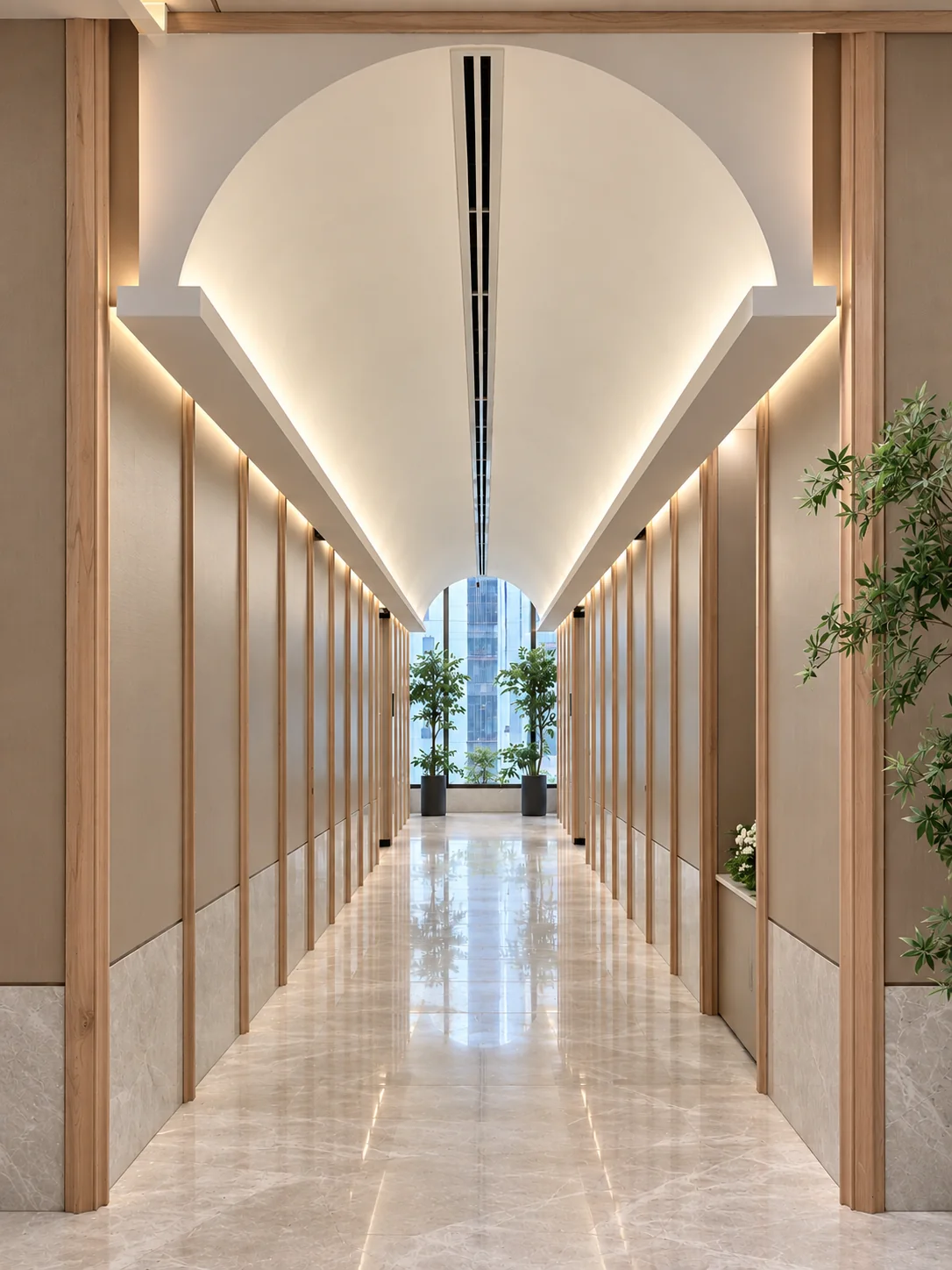 Barrel-vaulted corridor with marble floor and timber-framed partitions