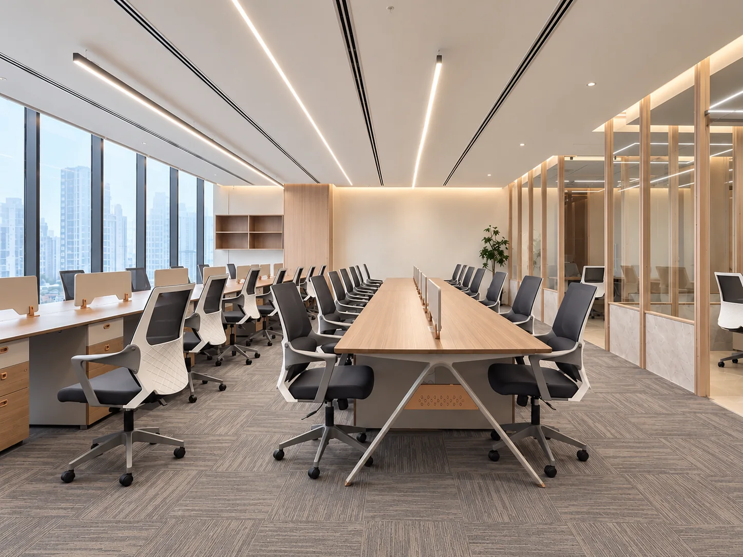 Open workplace with glazed cabins and warm timber partitions