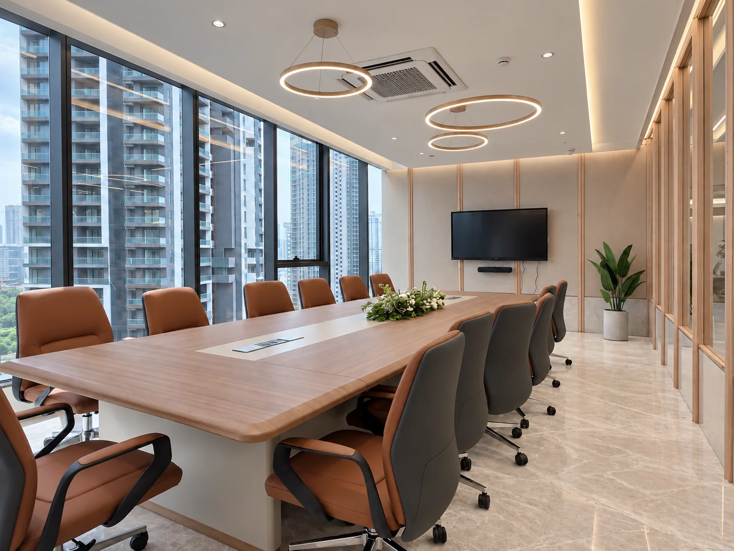 Meeting room with timber panelling and a marble-topped table