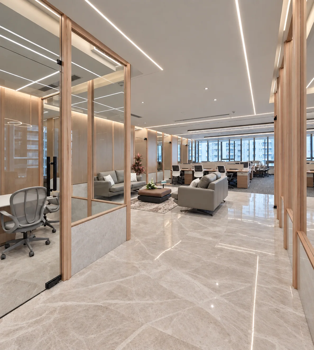Glazed demountable partitions enclosing offices beside the open workplace