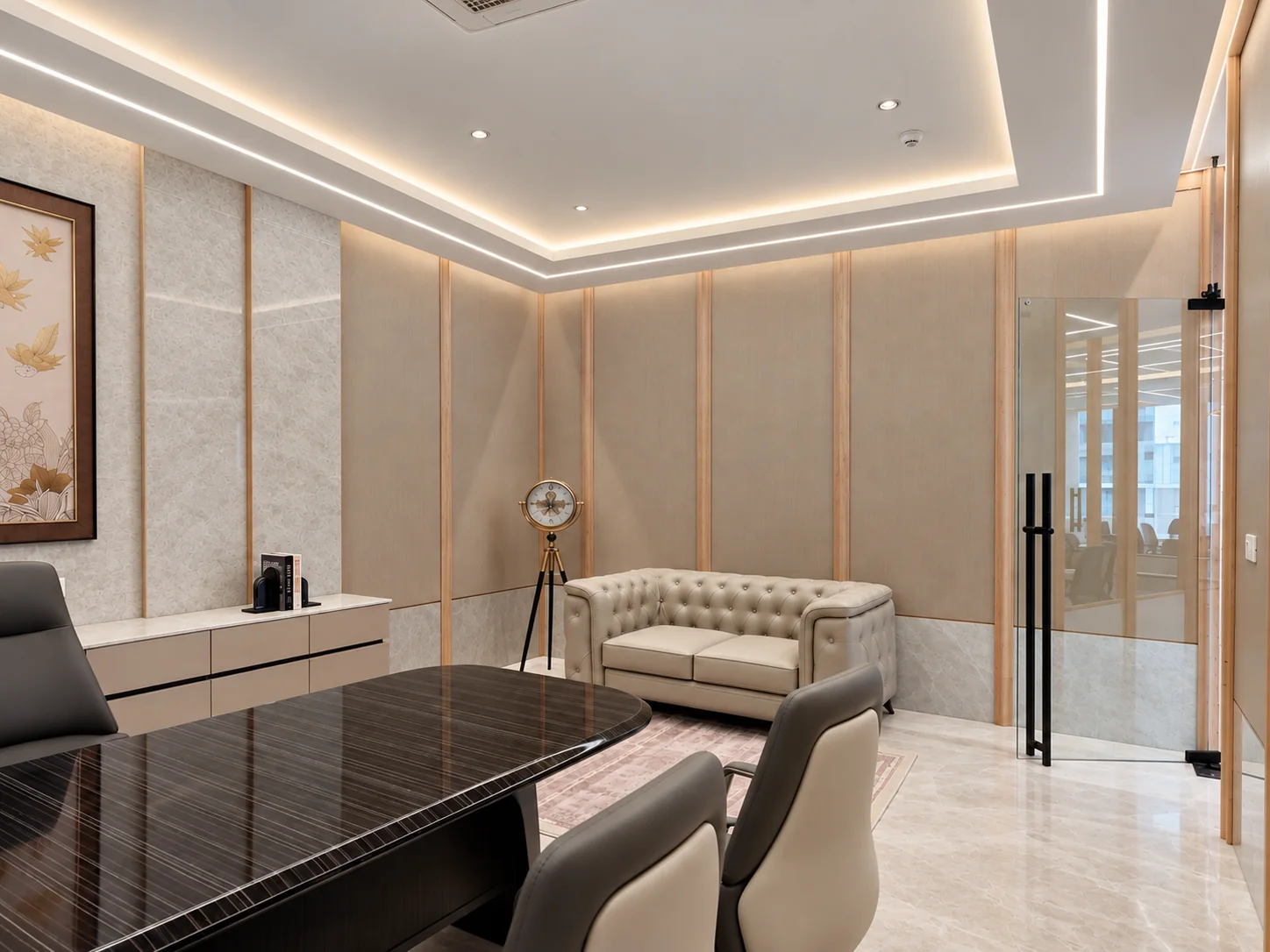 Principal cabin with layered timber wall panels