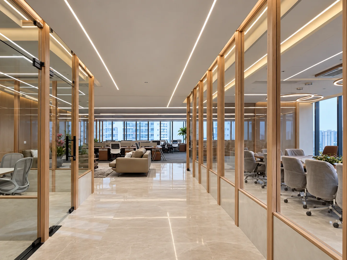 Enclosed office formed with timber-and-glass partitions