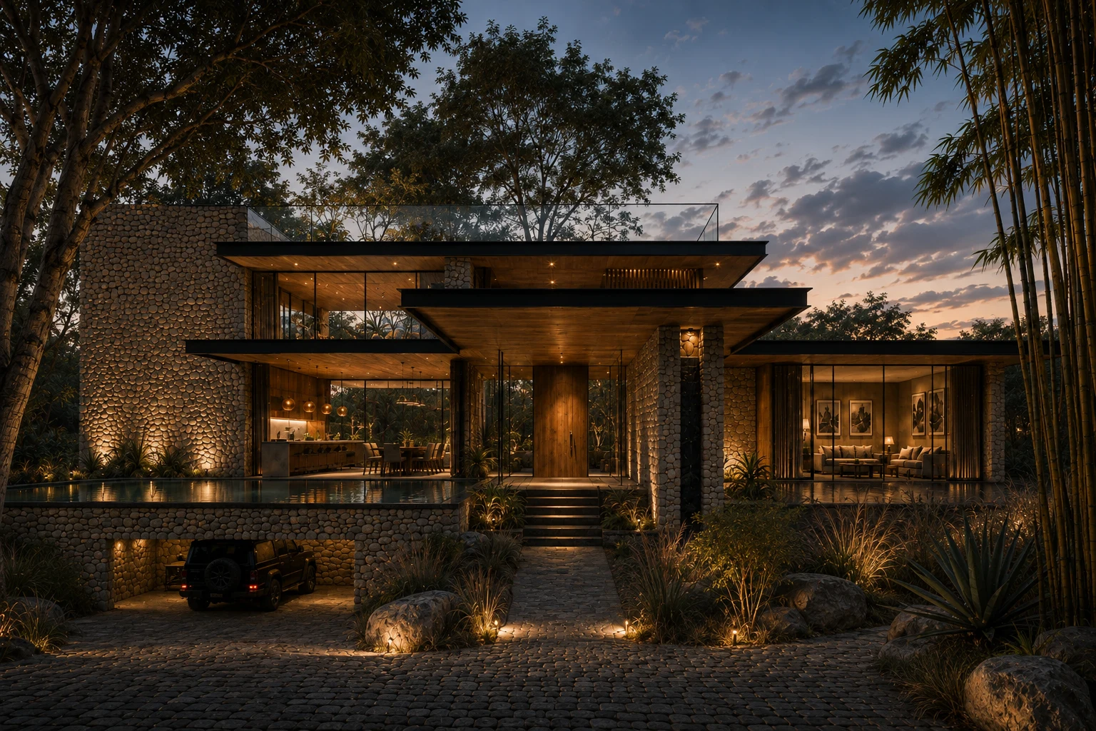 Design visualisation of Janwada Farmhouse at dusk