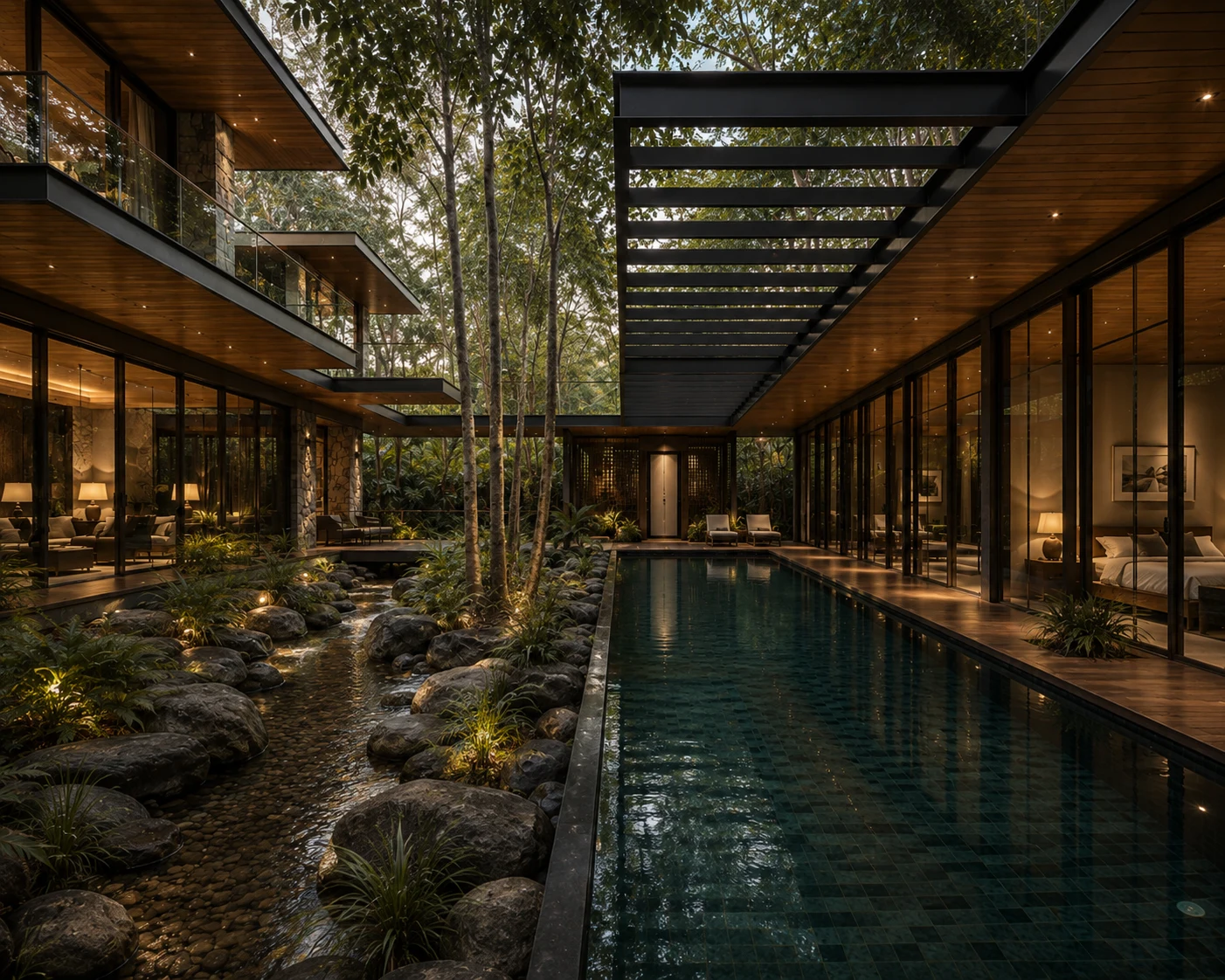Long water court between glazed farmhouse wings