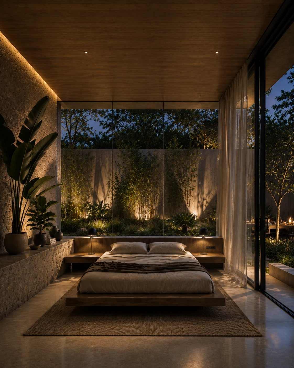 Farmhouse bedroom opening to a private garden at twilight