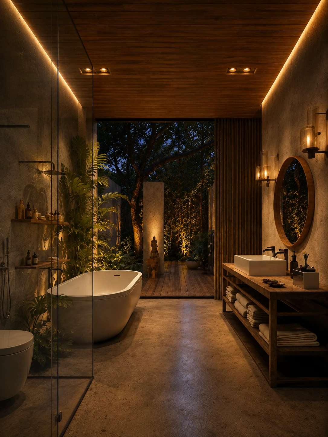 Bathroom opening to a planted court