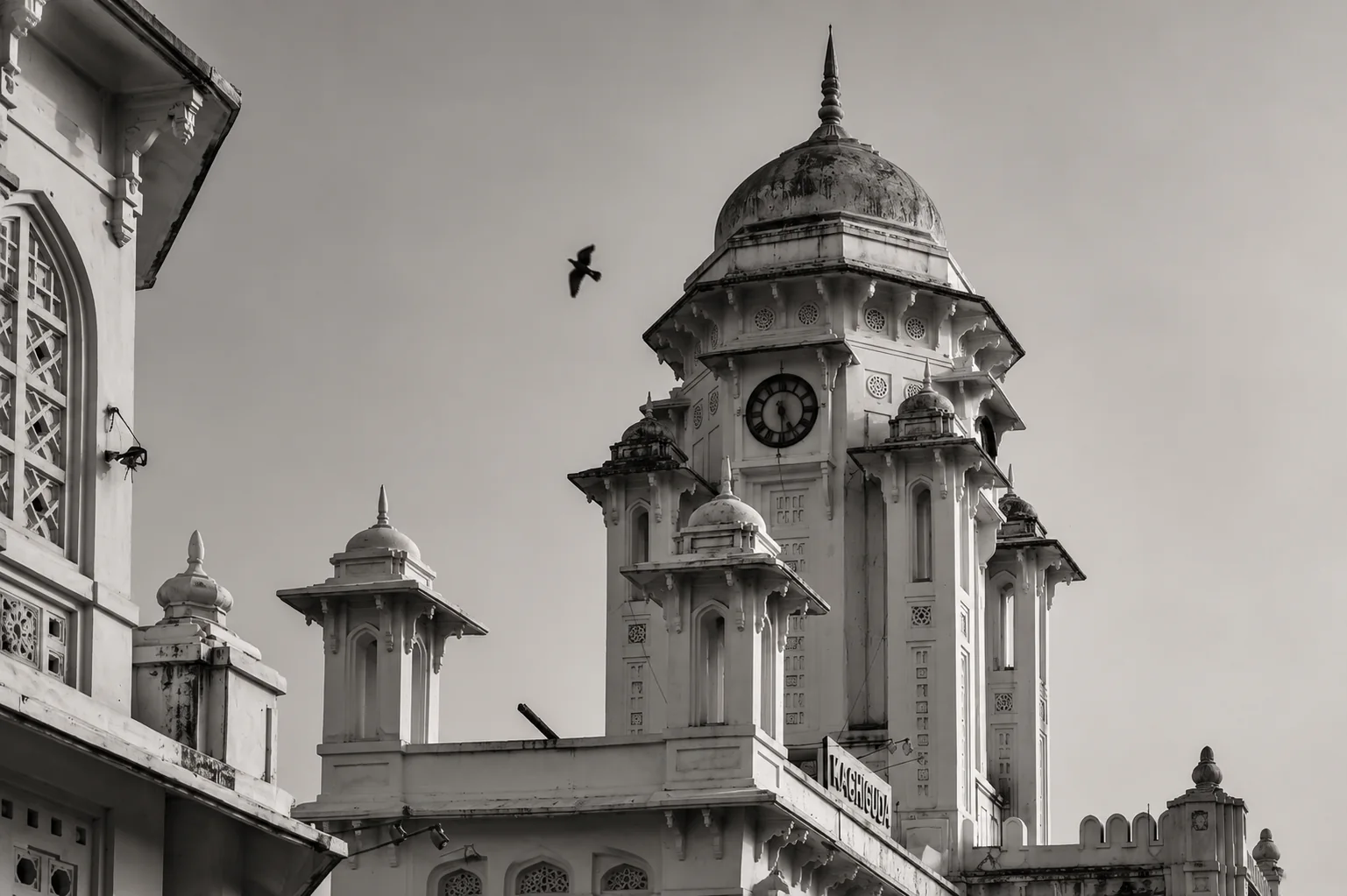 Historic tower and façade details at Kachiguda Railway Station