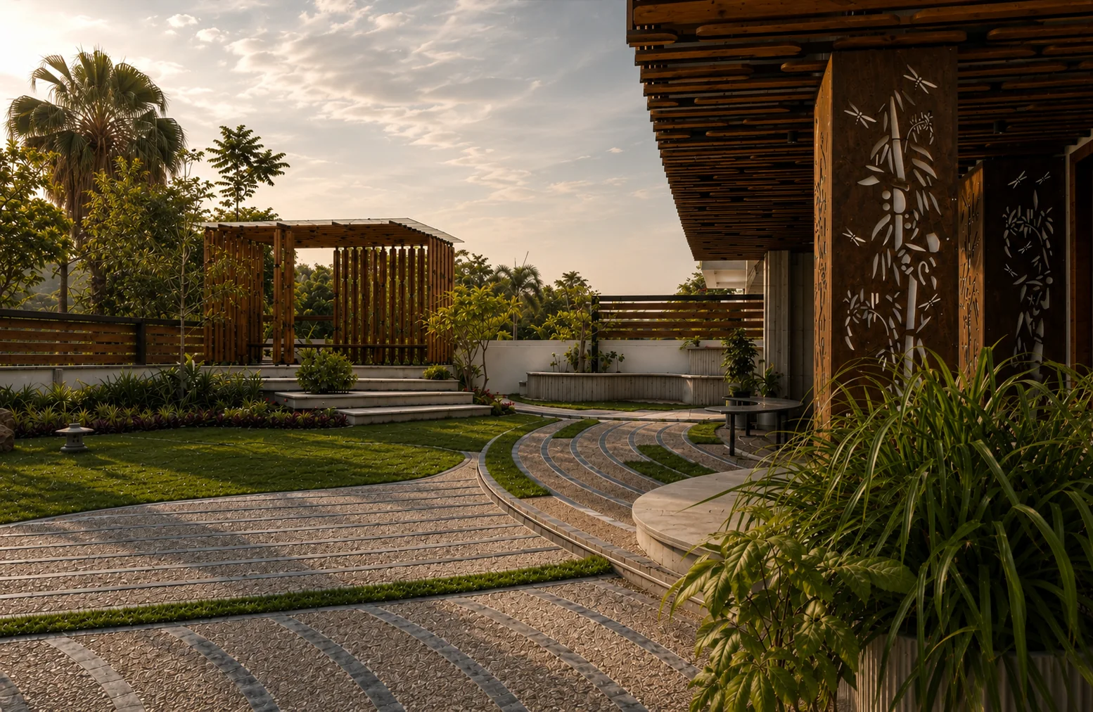 Landscaped residential garden with timber pavilion