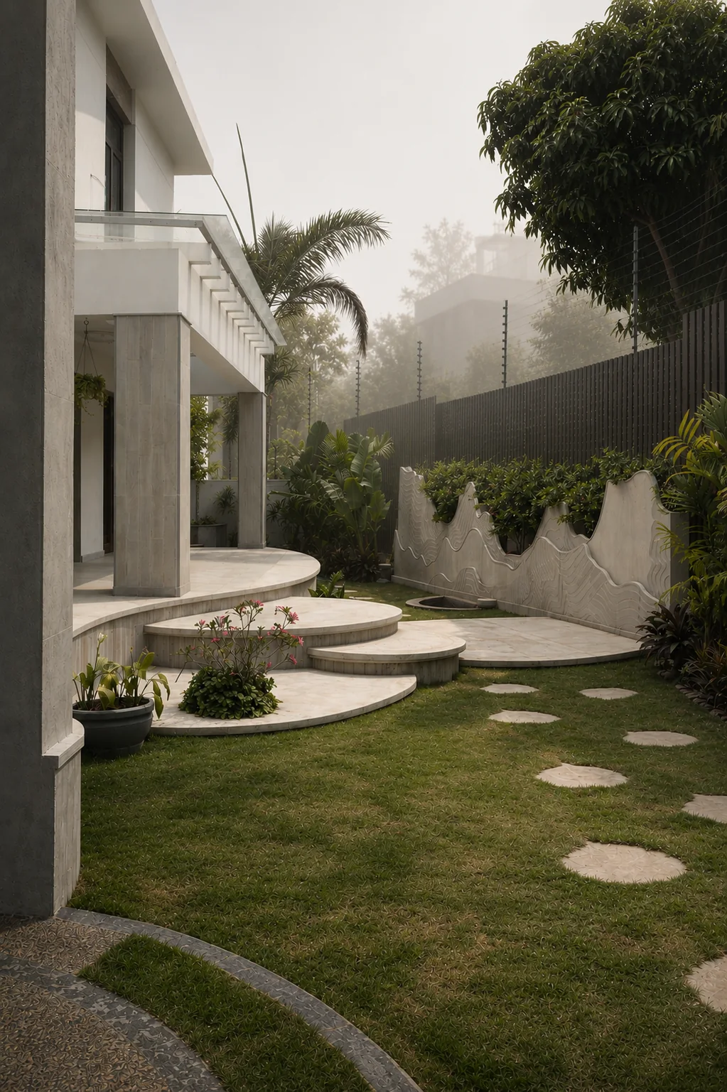 Curved lawn and garden path