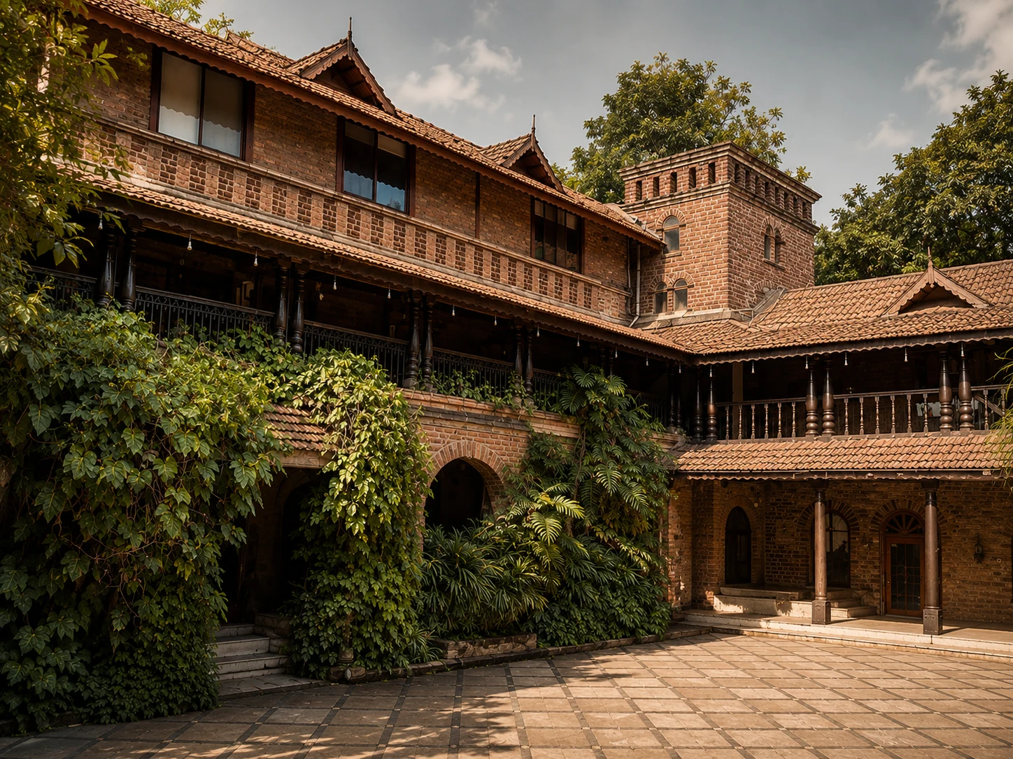 Stone courtyard and shaded verandahs at BRR Residence