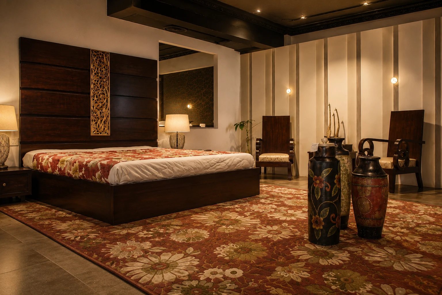 Bedroom with dark timber furniture and patterned rug