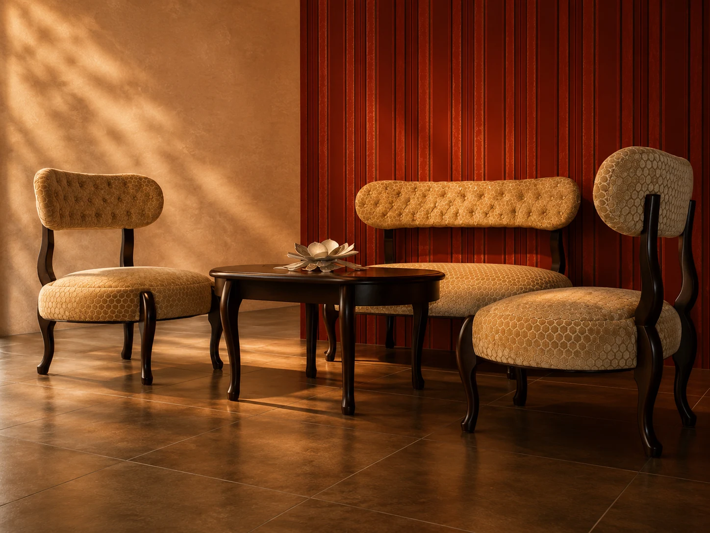 Upholstered chairs and settee against a deep red wall