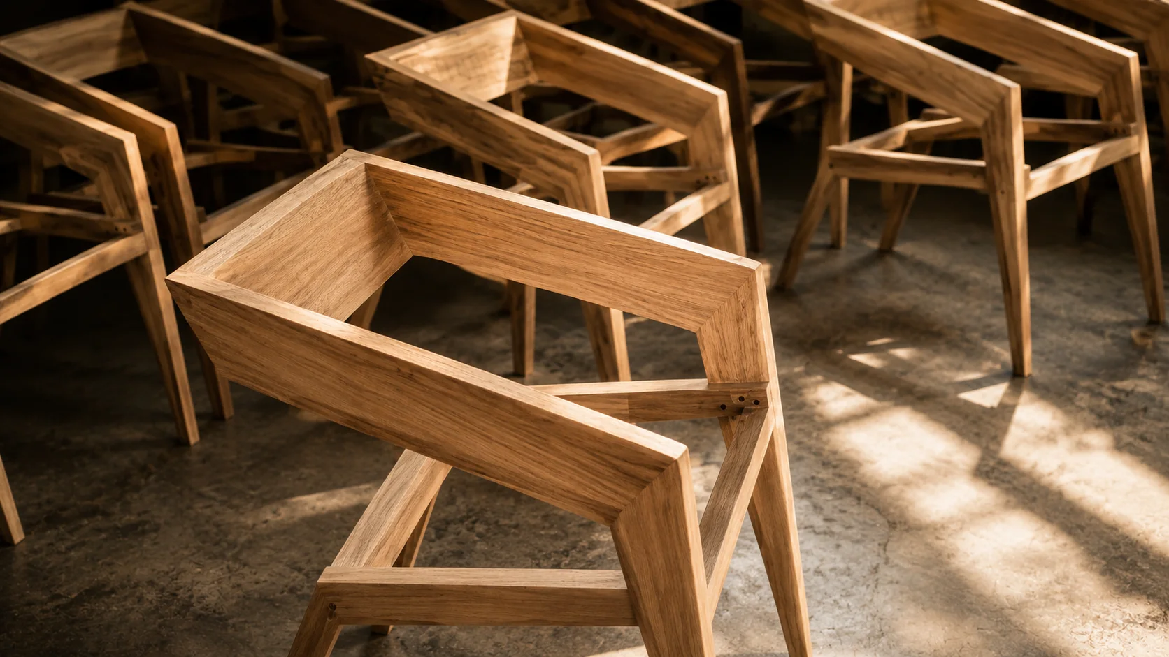 Geometric timber chairs arranged in the Home Studio workshop