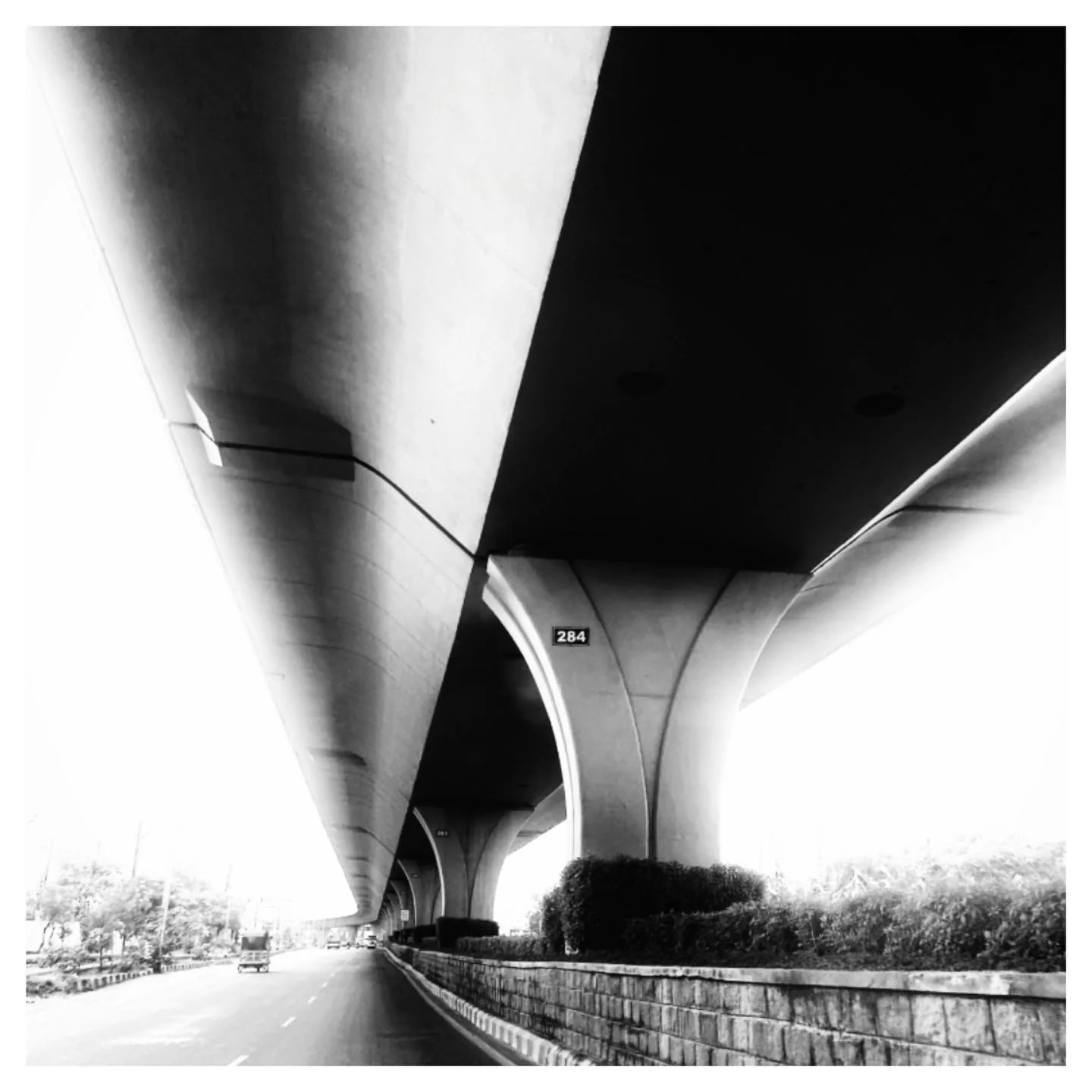 Black and white view beneath the expressway