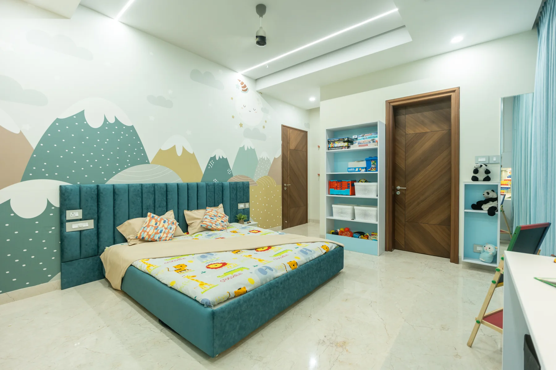 Blue children's bedroom with custom joinery