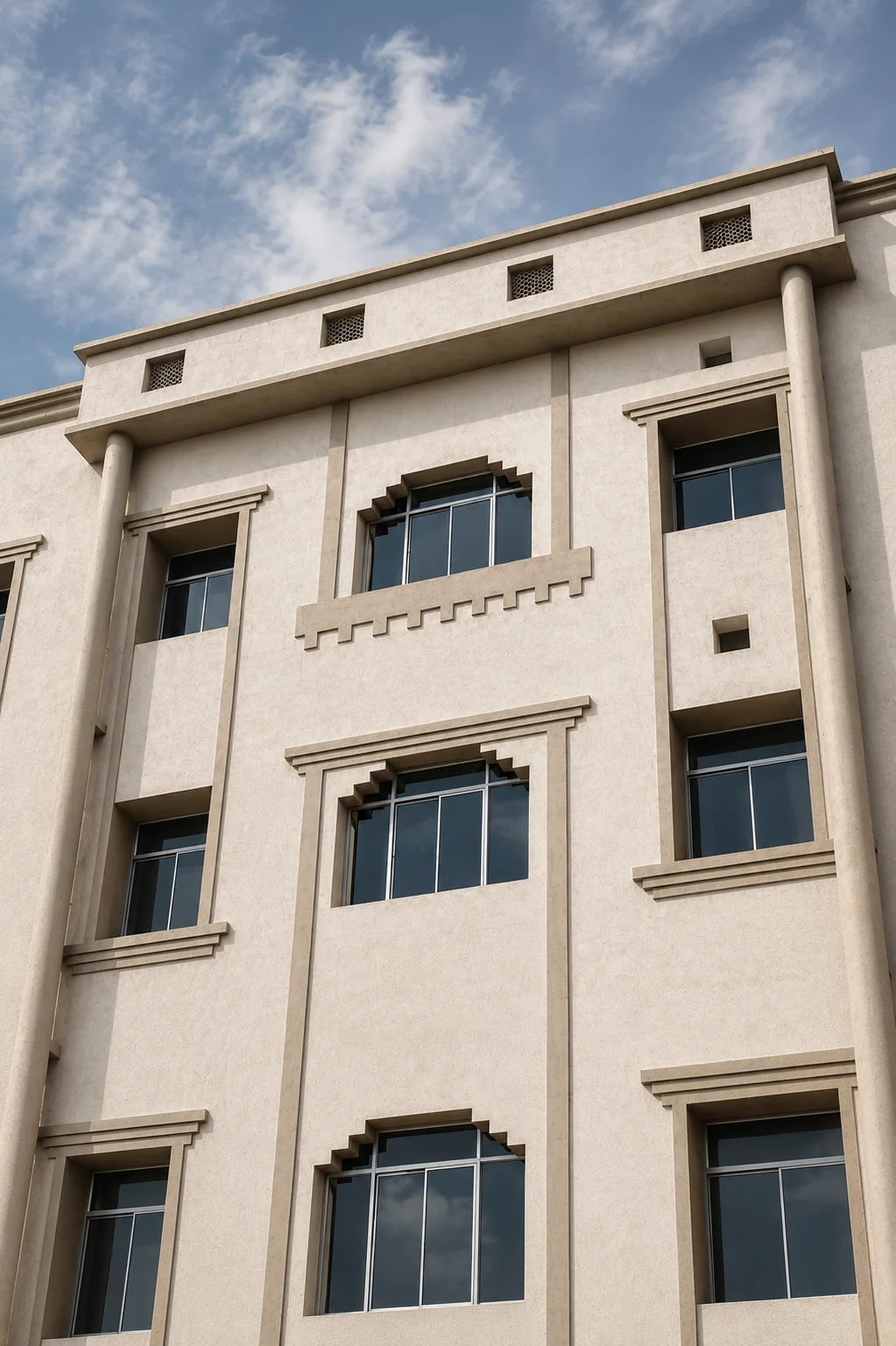 Detailed institutional façade at Shanti Sarovar