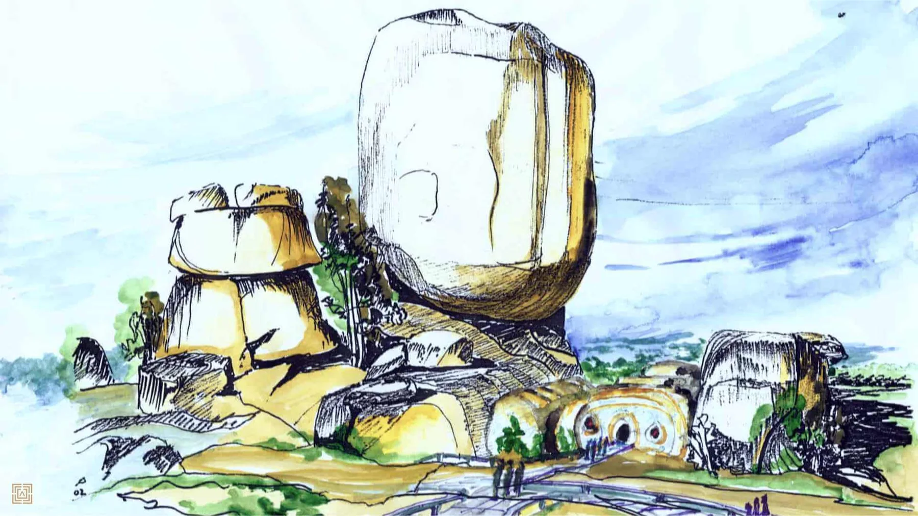 Concept sketch for a meditation cave among boulders