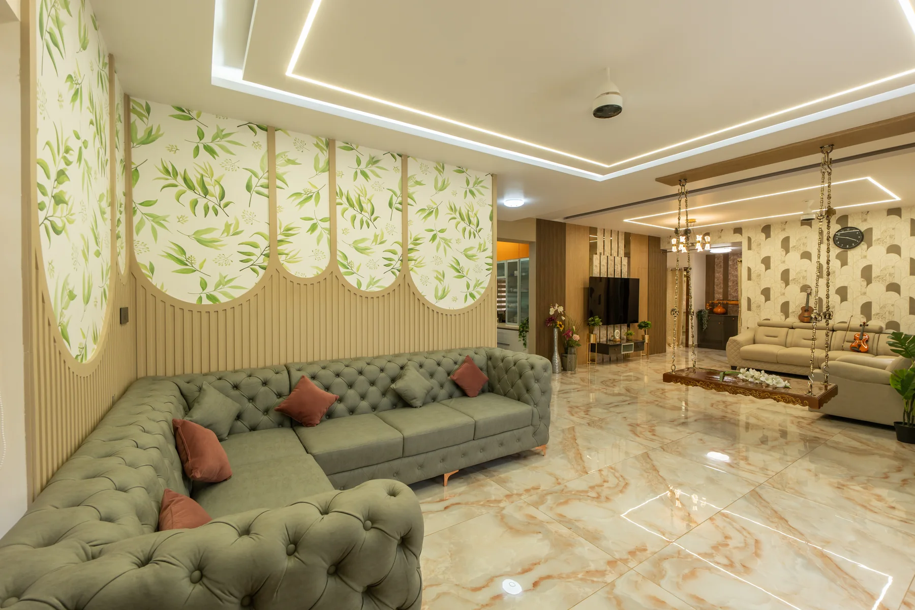 Living room with custom swing and patterned screen